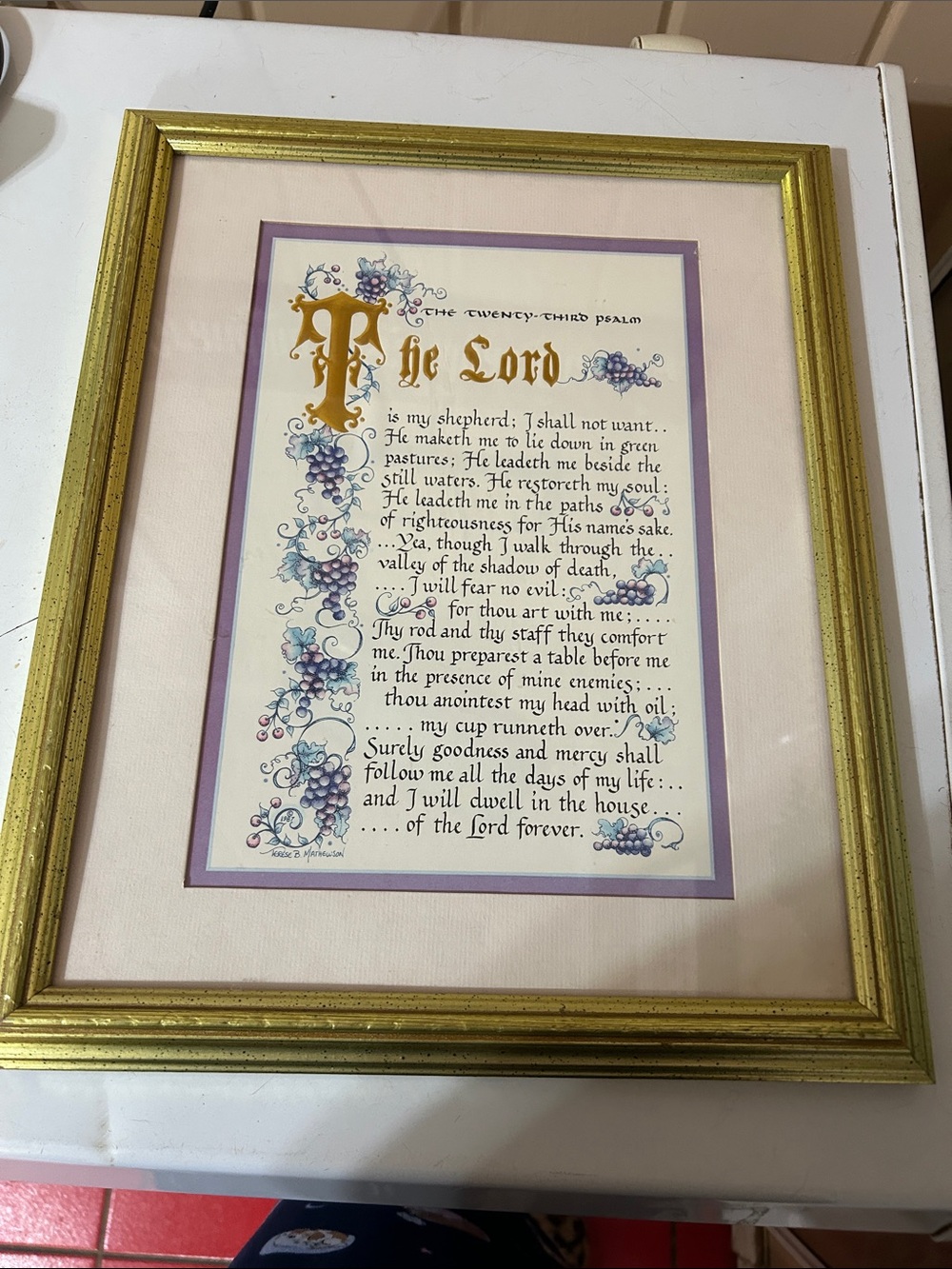 Framed 'The Lord' Psalm Print in Gold Frame with Light Pink and Purple Mats